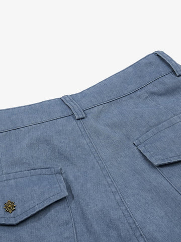 Pleated Panel Curved Leg Cargo Cotton Pants 
