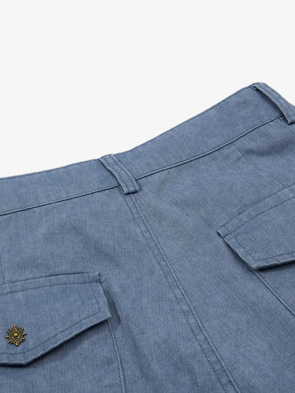 Pleated Panel Curved Leg Cargo Cotton Pants 