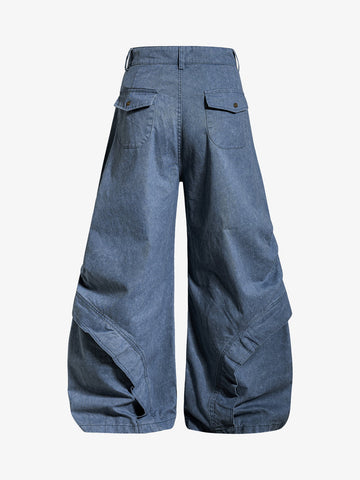 Pleated Panel Curved Leg Cargo Cotton Pants 