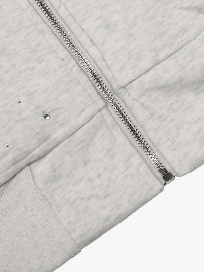 Rhinestone Bunny Ear Cropped Zip-Up Hoodie