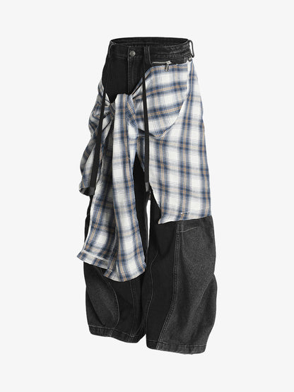 Denim Faux Two-piece Plaid Detachable Scimitar Jeans - 2435 