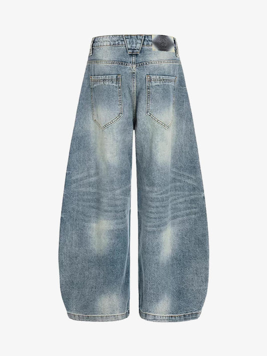 Washed Metal Hook Front Design Barrel Jeans 