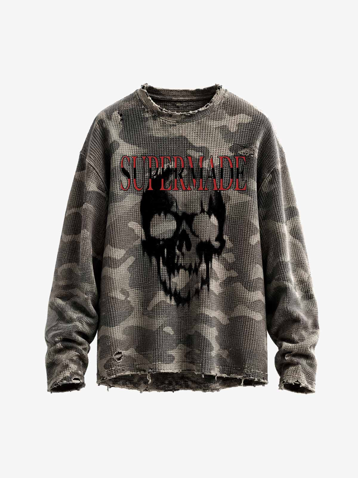 Distressed Waffle Knit Camo Long Sleeve with Skull Print