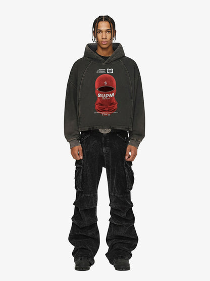 Retro Bandit Hat Graphic Distressed Cropped Hoodie 
