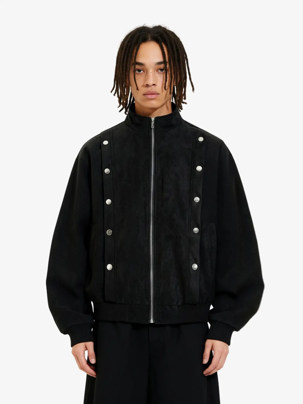 Vintage Stand Collar Metal Button-Structured Bomber Jacket 