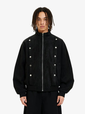 Vintage Stand Collar Metal Button-Structured Bomber Jacket 