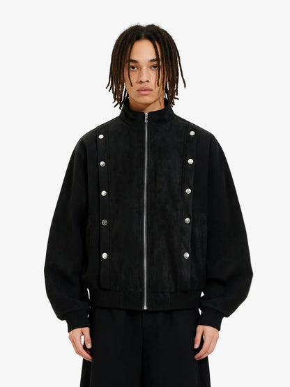 Vintage Stand Collar Metal Button-Structured Bomber Jacket 