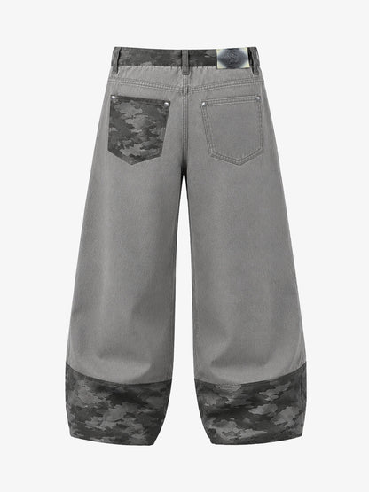Light Grey Camo Wide-Leg Pants with Embroidered Detail