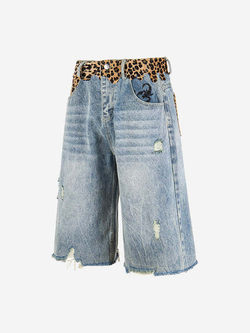 Vintage Leopard Panel Distressed Denim Shorts