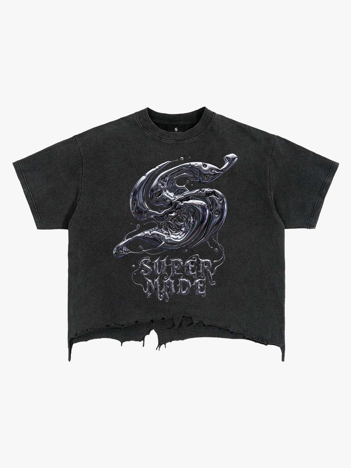 Gothic Liquid Metal Ripped Washed T-Shirt