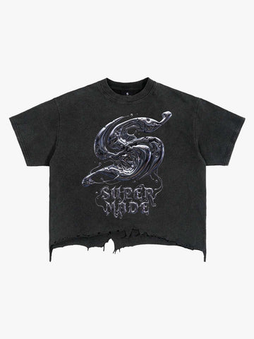 Gothic Liquid Metal Ripped Washed T-Shirt