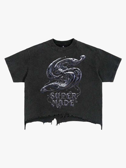 Gothic Liquid Metal Ripped Washed T-Shirt