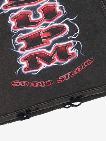 Logo Lightning Graphic Washed Distressed Hoodie