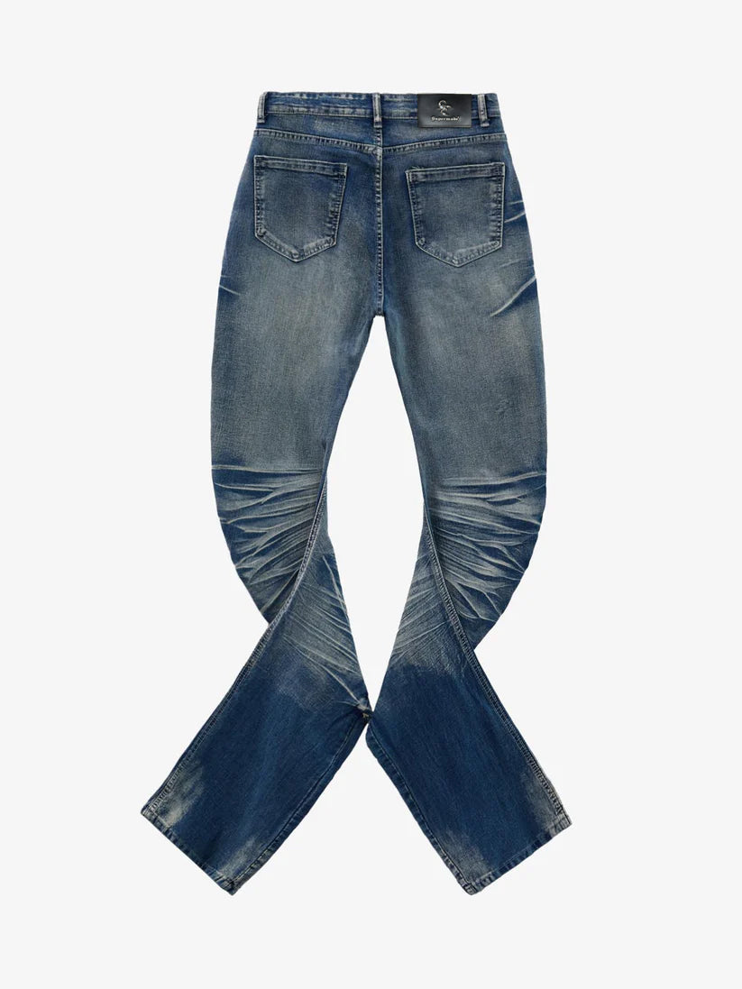 Vintage Distressed Button Fly Ruched Panel Flared Jeans