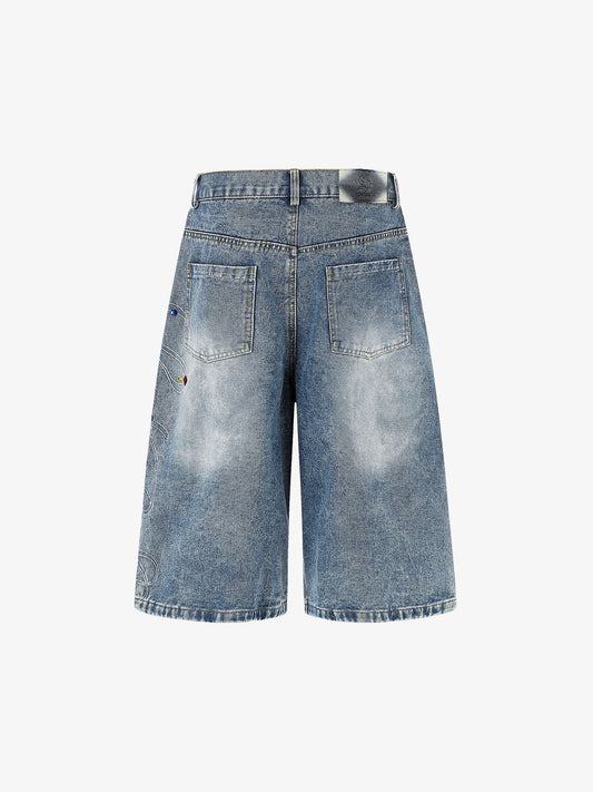Embroidered Rhinestone Baggy Jorts