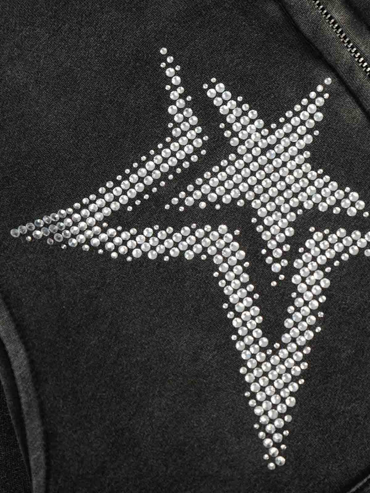 Vintage Washed Symmetrical Star Rhinestone Zip-Up Hoodie 