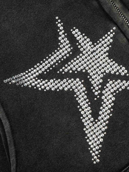 Vintage Washed Symmetrical Star Rhinestone Zip-Up Hoodie 