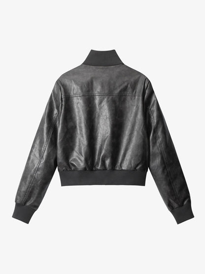 Thesupermade Faux Leather Cropped Fit Bomber Jacket