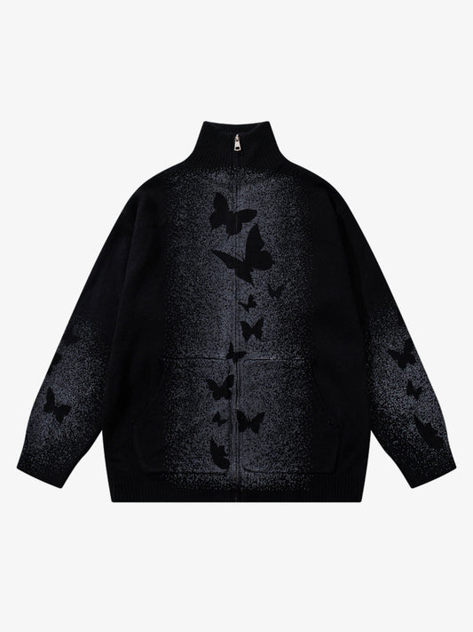 Street Dark Phantom Butterfly Stand-Collar Knit Cardigan Sweater 
