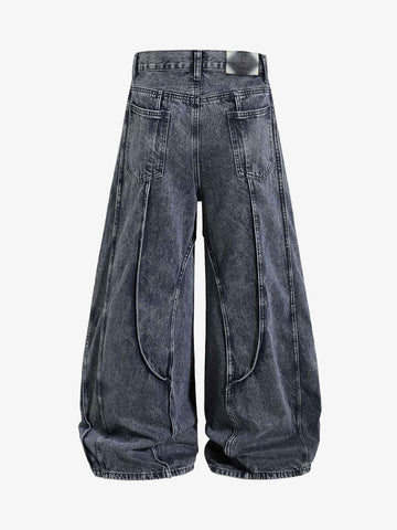 Washed Geometric Panel Barrel Jeans 