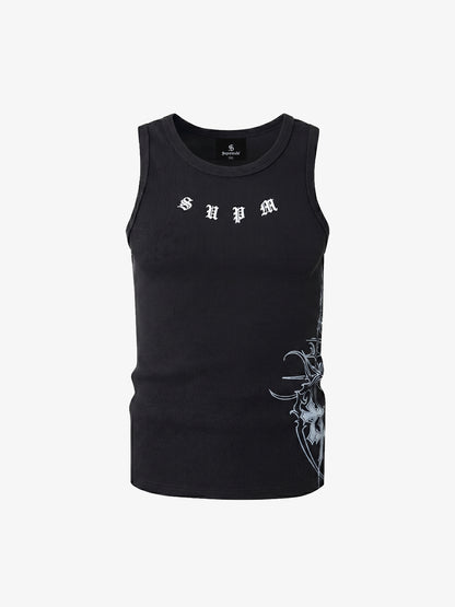 Ribbed Cotton Blend Tank Top – Graphic Print Sleeveless Streetwear