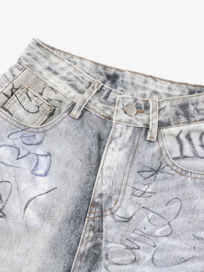 Hand Drawn Scribble Print Baggy Jeans 