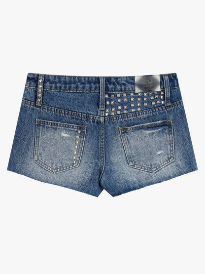 Thesupermade Distressed Metallic Studded Low Rise Mini Shorts