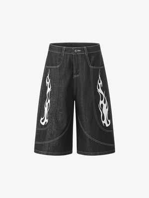 Contrast Stitching Flame Denim Shorts