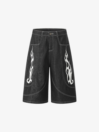 Contrast Stitching Flame Denim Shorts