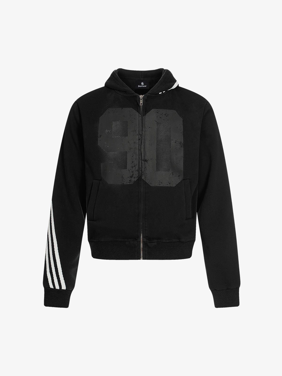 Striped Patchwork Distressed Washed Boxy Zip-Up Hoodie