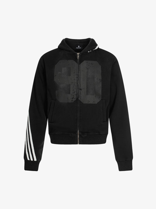 Striped Patchwork Distressed Washed Boxy Zip-Up Hoodie