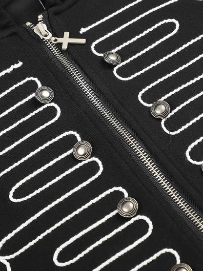 Thesupermade Military Button Embroidered Zip-Up Hoodie