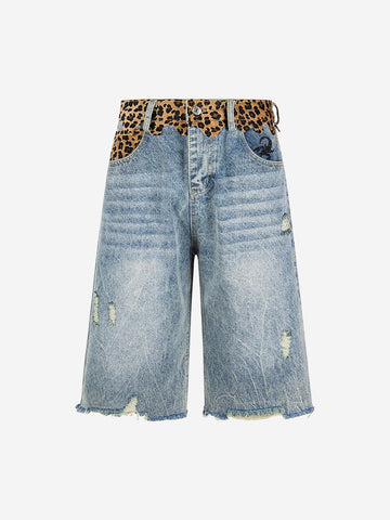 Vintage Leopard Panel Distressed Denim Shorts