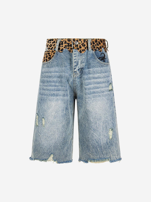 Vintage Leopard Panel Distressed Denim Shorts