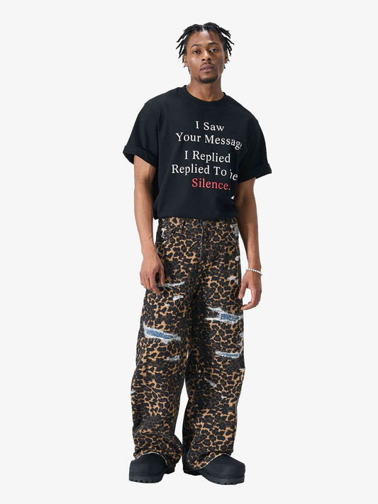 Bold Leopard Print Distressed Wide-Leg Jeans 
