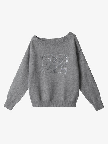 Off-Shoulder Sequin Number Graphic Sweater