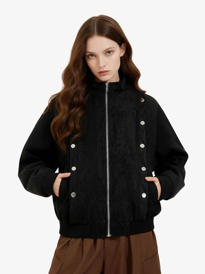 Vintage Stand Collar Metal Button-Structured Bomber Jacket 