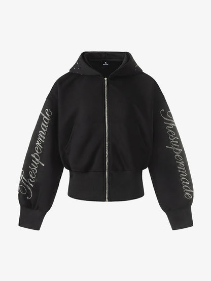 Rhinestone Sleeve Faux Fur Jacket – Black Oversized Cropped Hooded Streetwear