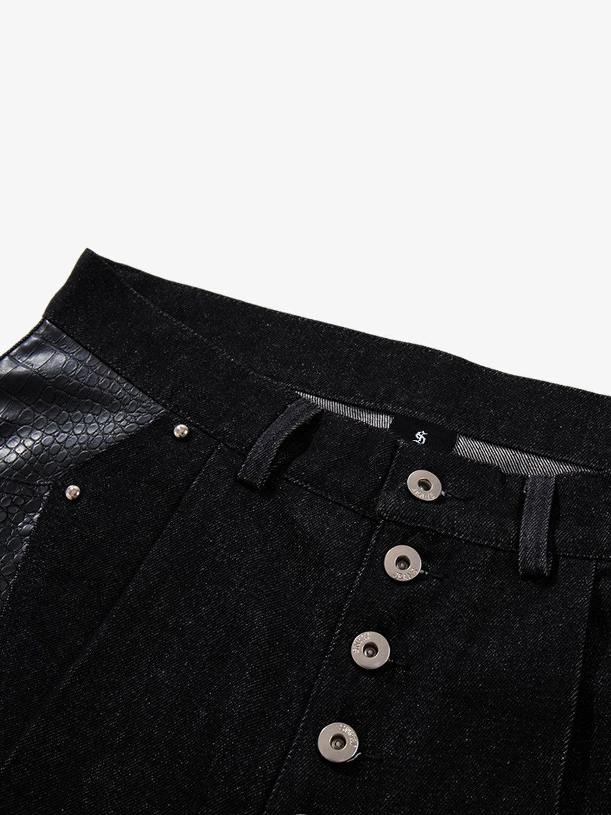 Black Denim Jacket with Croc-Embossed Trim – Metal Snap Button Streetwear Jacket