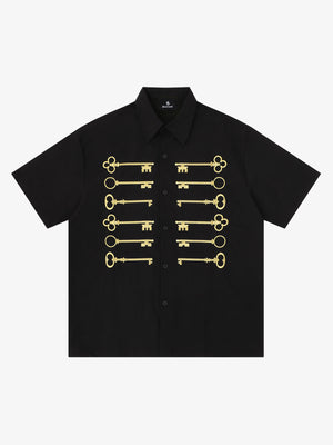Black Cotton Button-Up Shirt with Gold Embroidered Key Motif – Classic Fit Top