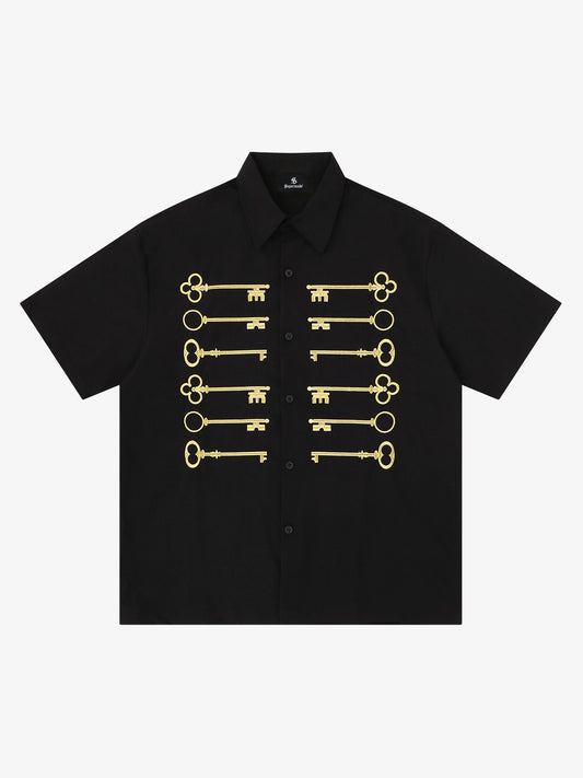 Black Cotton Button Up Shirt with Gold Embroidered Key Motif
