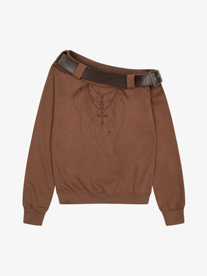 Necklace Graphic Belt Detail Off-Shoulder Sweatshirt