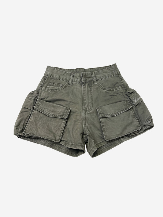 Embroidered Detail Olive Cargo Shorts