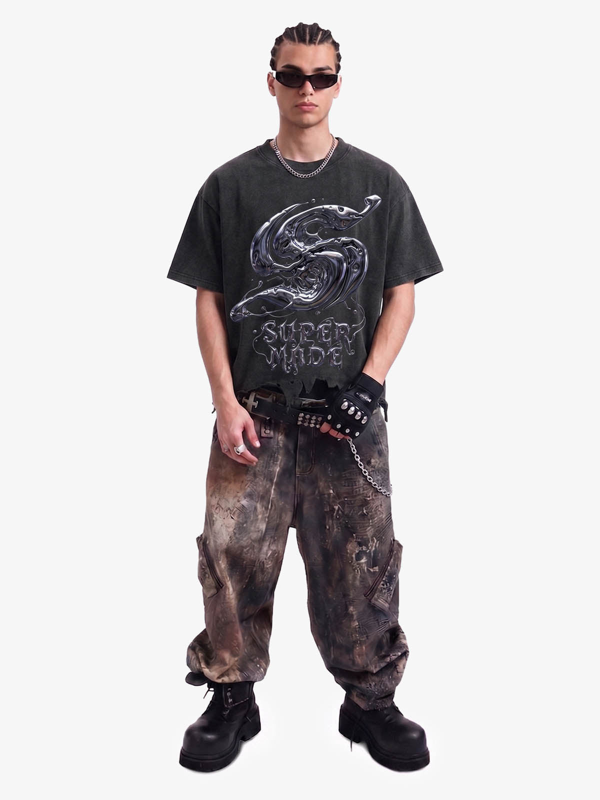 Gothic Liquid Metal Ripped Washed T-Shirt