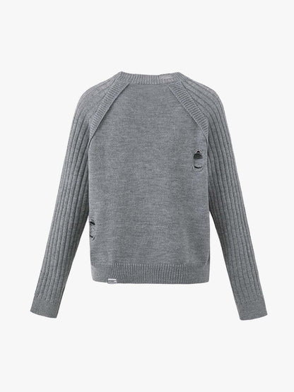 Distressed Ribbed Raglan Knit Sweater