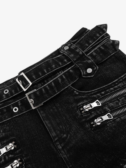 Thesupermade Distressed Double Belt Mini Shorts