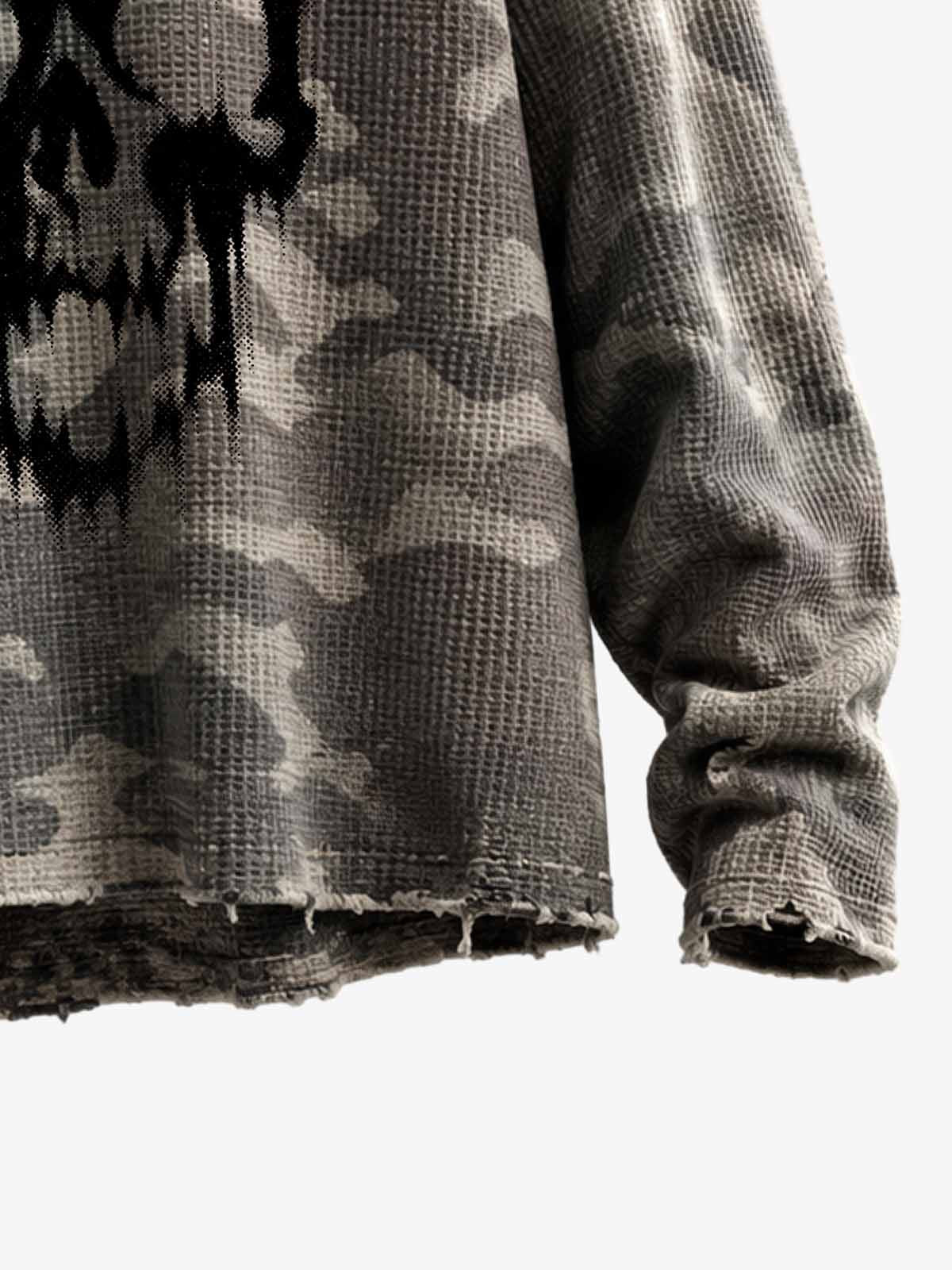 Distressed Waffle Knit Camo Long Sleeve with Skull Print