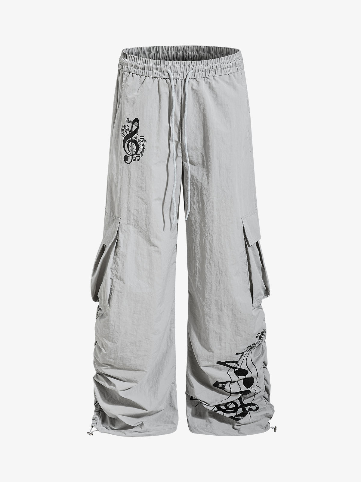 Music Note Print Baggy Nylon Cargo Pants 