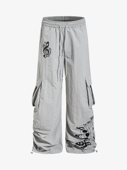 Music Note Print Baggy Nylon Cargo Pants 