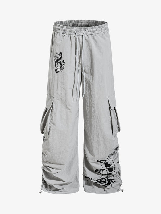 Music Note Print Baggy Nylon Cargo Pants